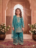 Evanik Turquoise Designer Wedding Embroidered Work Kids Palazzo Set | Grocsy