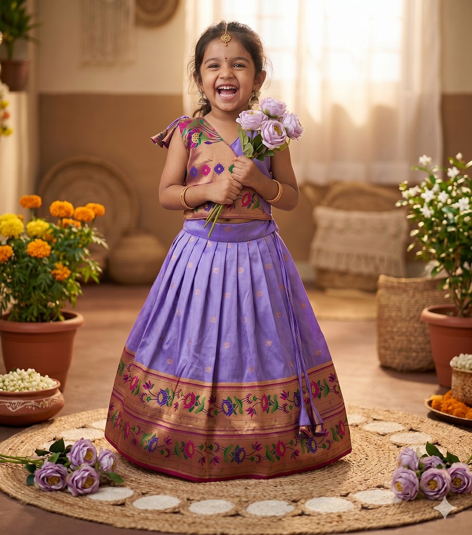 Evanik Purple Kids Paithani Silk Lotus Pattern Lehenga Choli | Grocsy