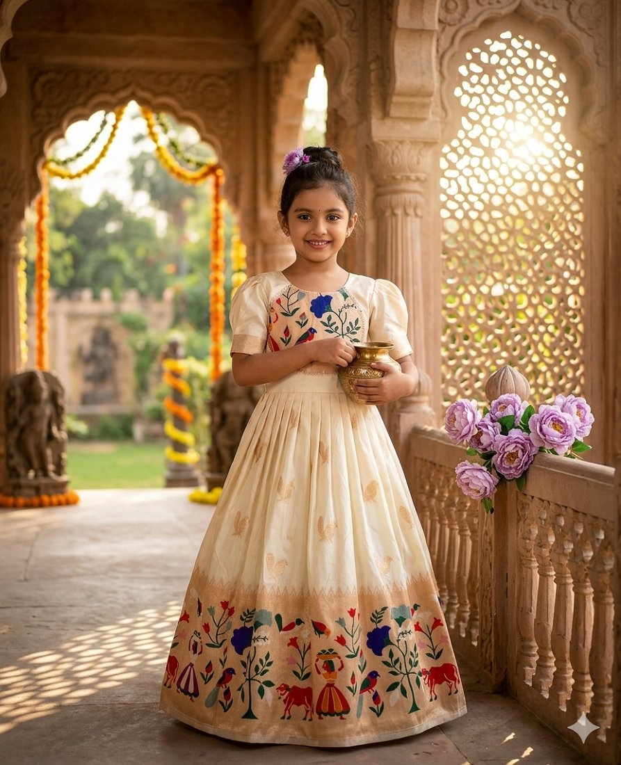 Evanik White Soft Paithani Silk Zari Weaving Birds Pattern Kids Gown | Grocsy