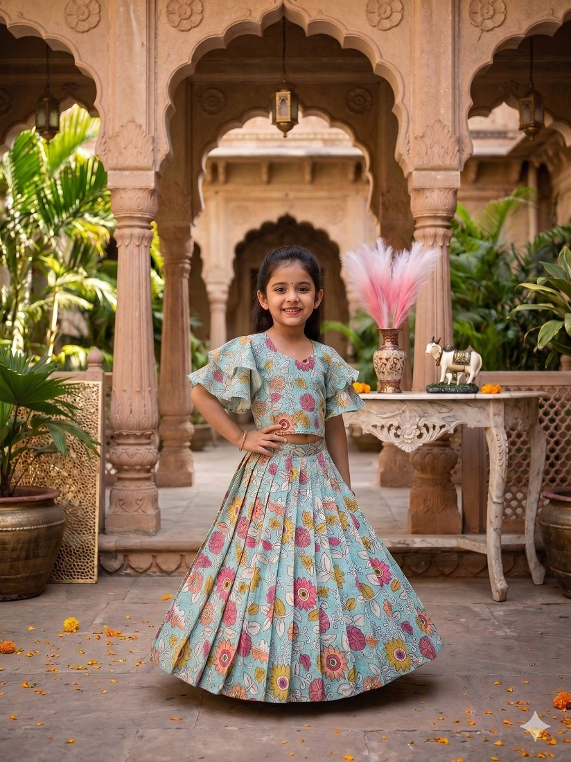 Evanik Blue Kota Chex Fabric With Floral Printed Kids Lehenga Choli | Grocsy