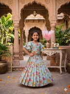 Evanik Blue Kota Chex Fabric With Floral Printed Kids Lehenga Choli | Grocsy