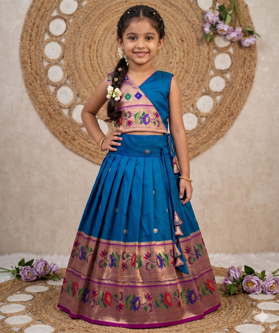 Evanik Blue Kids Paithani Silk Lotus Pattern Lehenga Choli | Grocsy