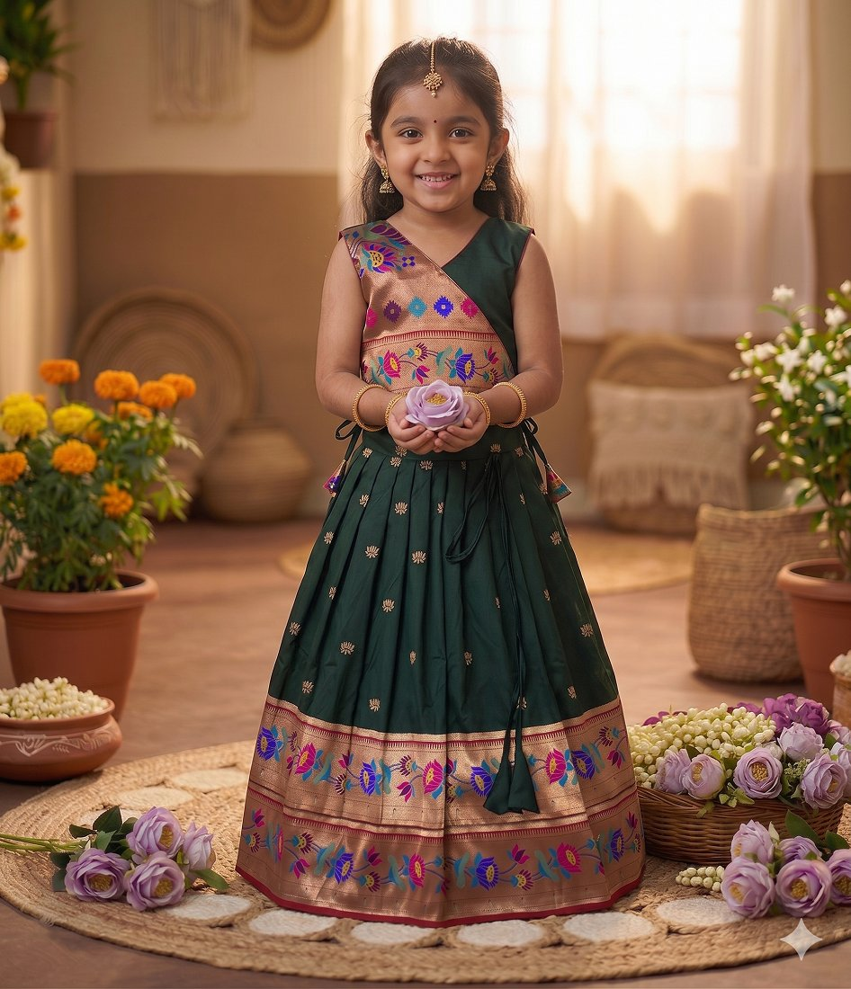 Evanik Green Kids Paithani Silk Lotus Pattern Lehenga Choli | Grocsy