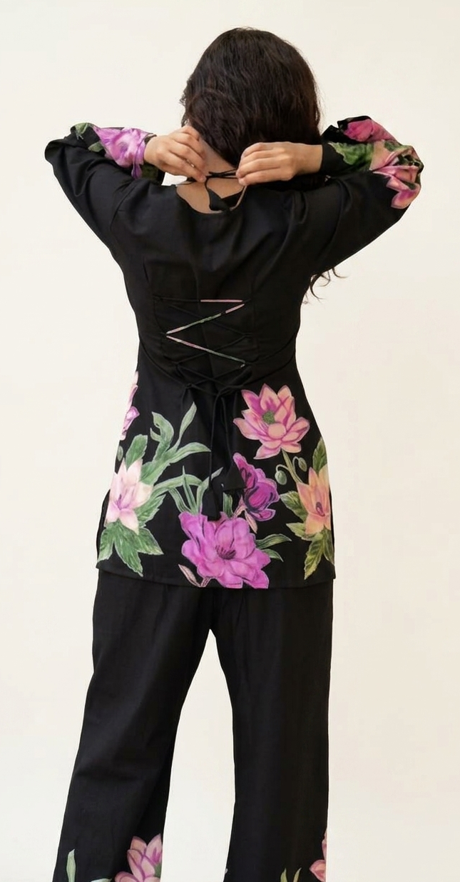 Jaitra Apparels Black Pichwai Print Pure Cotton Cord set with Back Dori and Halter Neck Dori | Grocsy