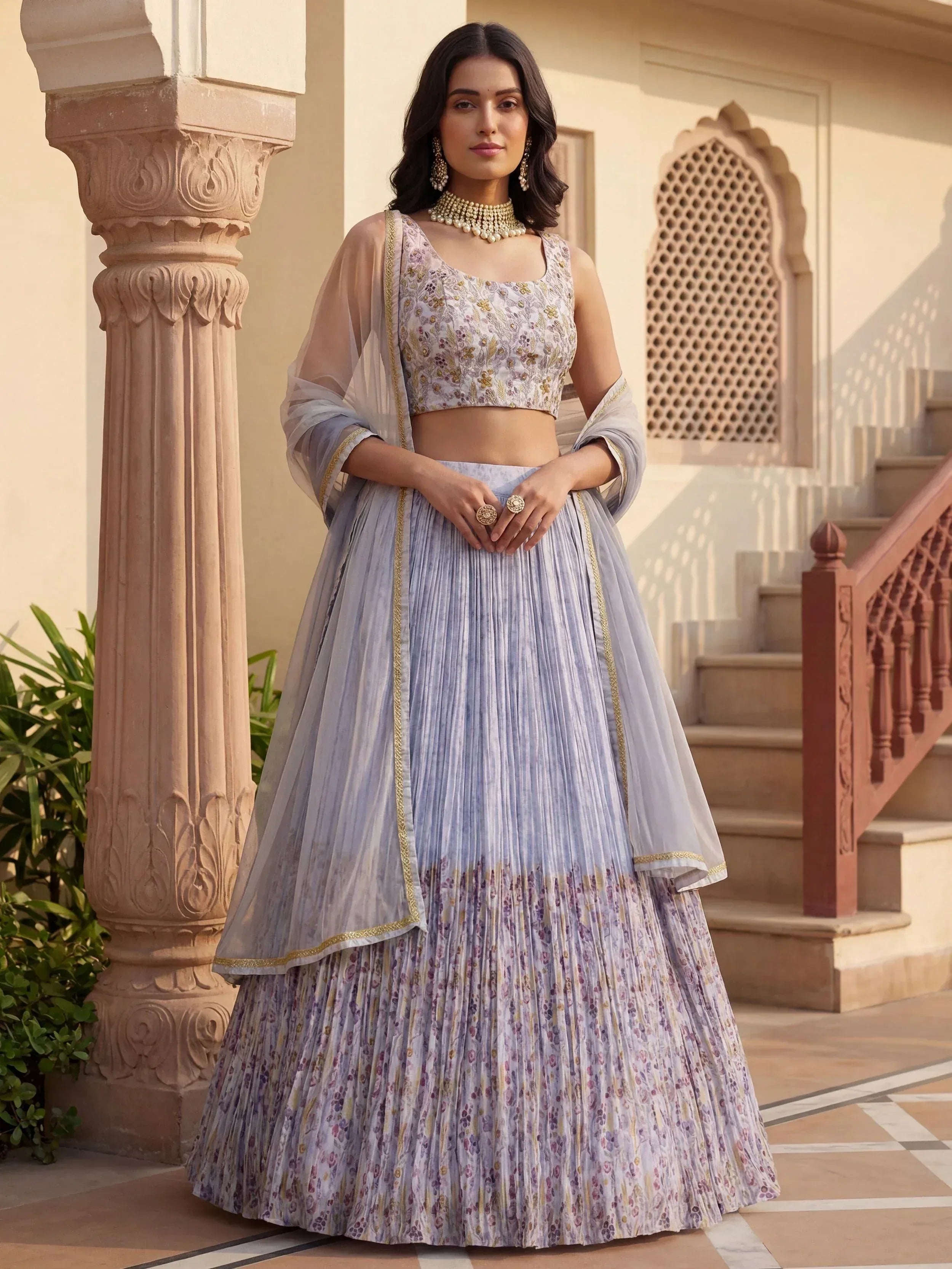 Tulsi Art Enchanting Blue Floral Printed Georgette Festival Wear Lehenga Choli | Grocsy