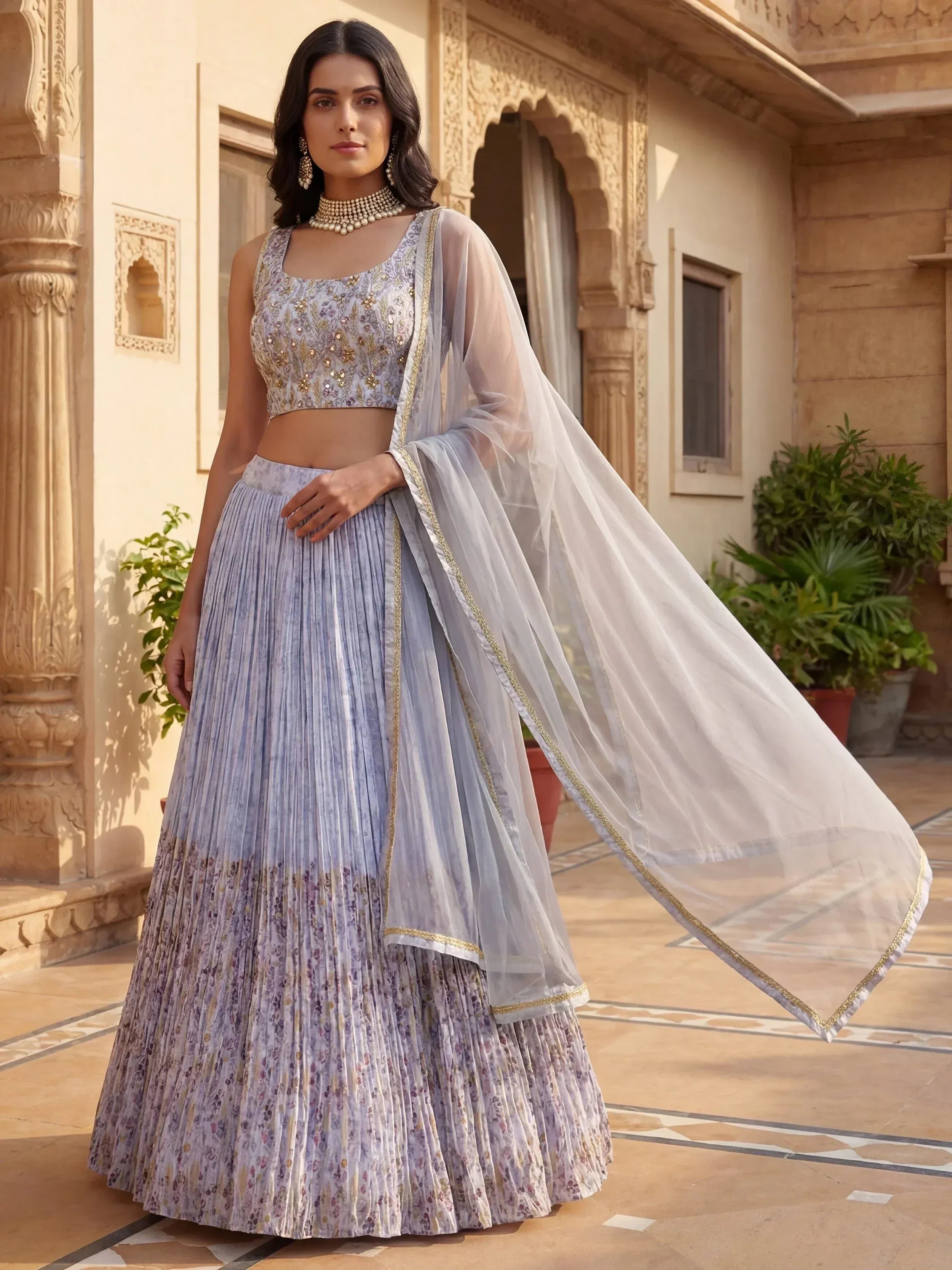 Tulsi Art Enchanting Blue Floral Printed Georgette Festival Wear Lehenga Choli | Grocsy