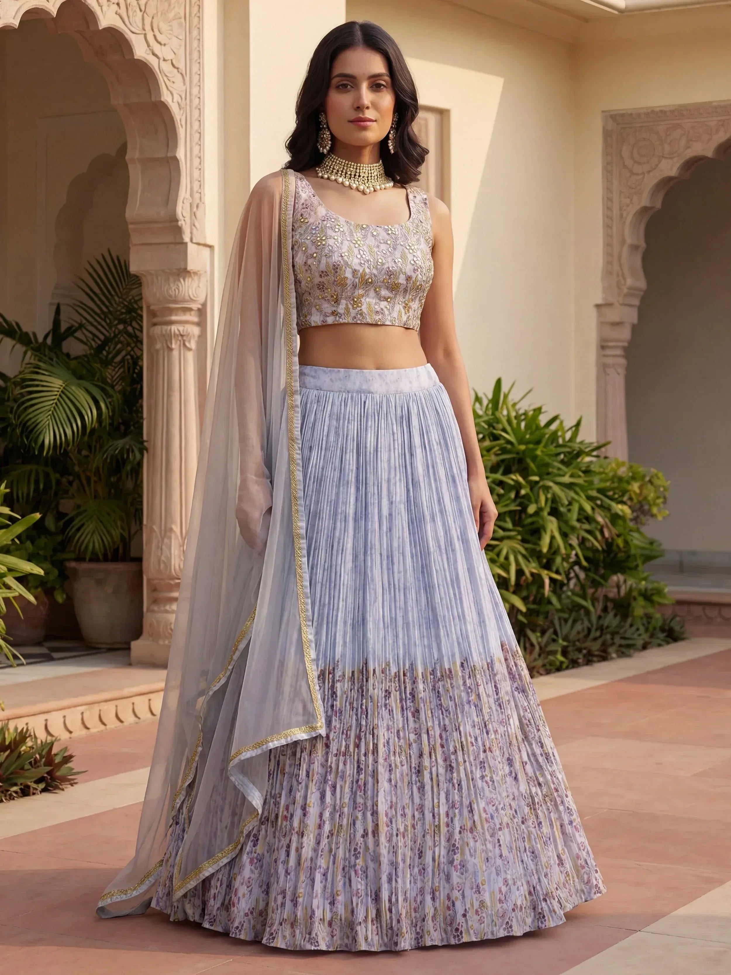 Tulsi Art Enchanting Blue Floral Printed Georgette Festival Wear Lehenga Choli | Grocsy