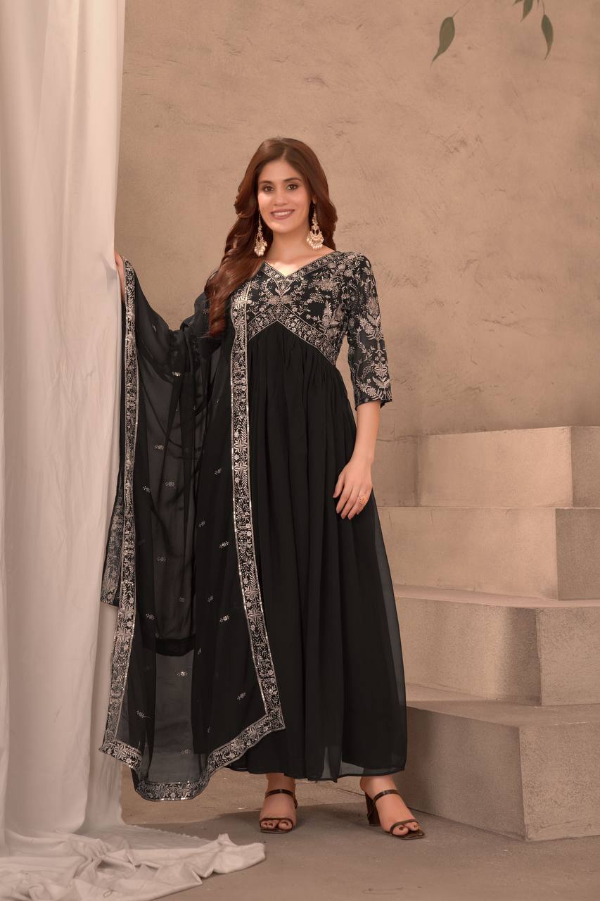 Lehenga Mart Elegance black embroidery gown with pant and dupatta for Girls | Grocsy