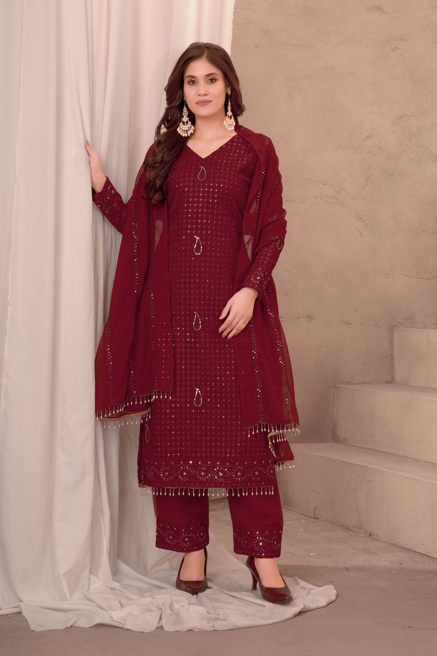 Lehenga Mart Festival maroon embroidery Ready Made kurti with pant and dupatta | Grocsy