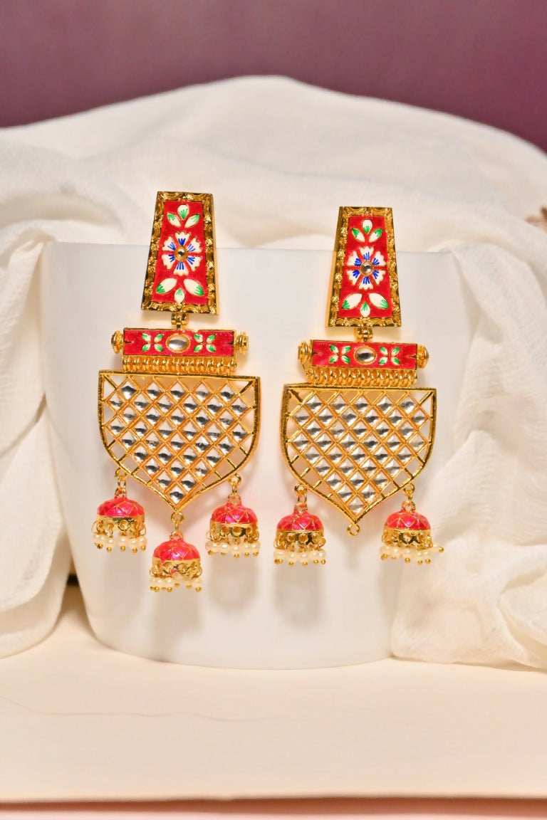 Red Traditional Gold-Polished Meenakari Jhumka Jhumki Earrings Indian Jewellery For Women Girls By House of Ree - Swadesiicart
