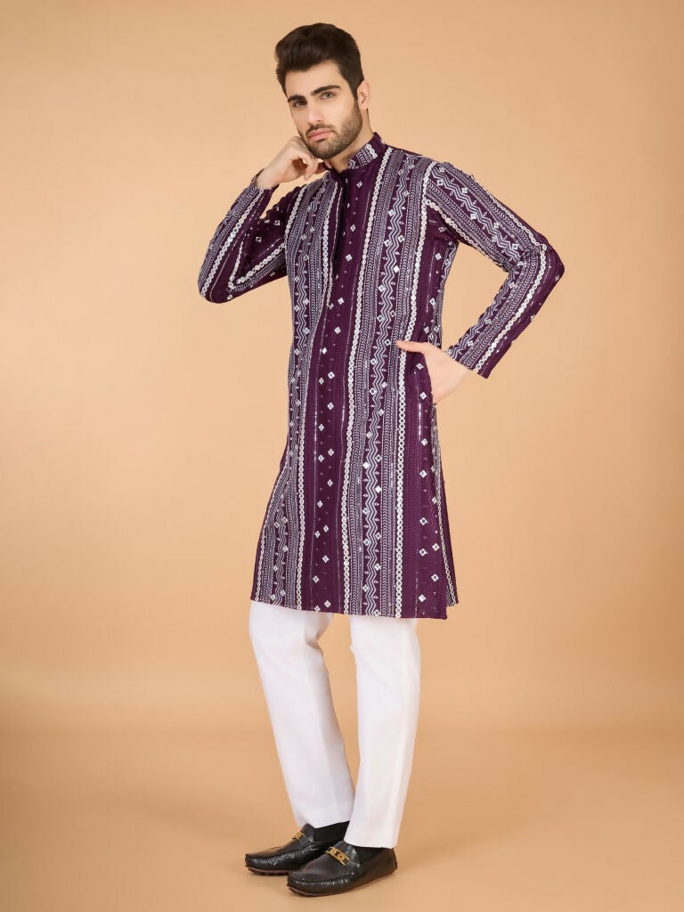 Vastranavya Purple Exclusive Festival Wear Pure Viscose Rayon Sequence & Foil Mirror Heavy Embroidered Work Kurta | Grocsy