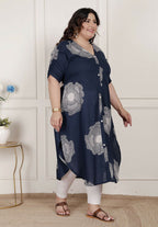 Miravan Womens Plus Size Blue Floral Printed Front Buttoned A-Line Kurta Dress | Grocsy