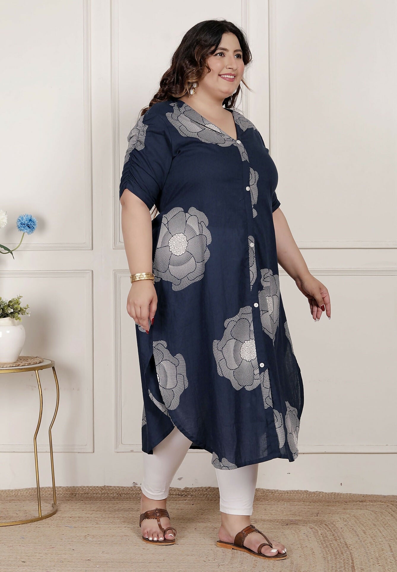 Miravan Womens Plus Size Blue Floral Printed Front Buttoned A-Line Kurta Dress | Grocsy