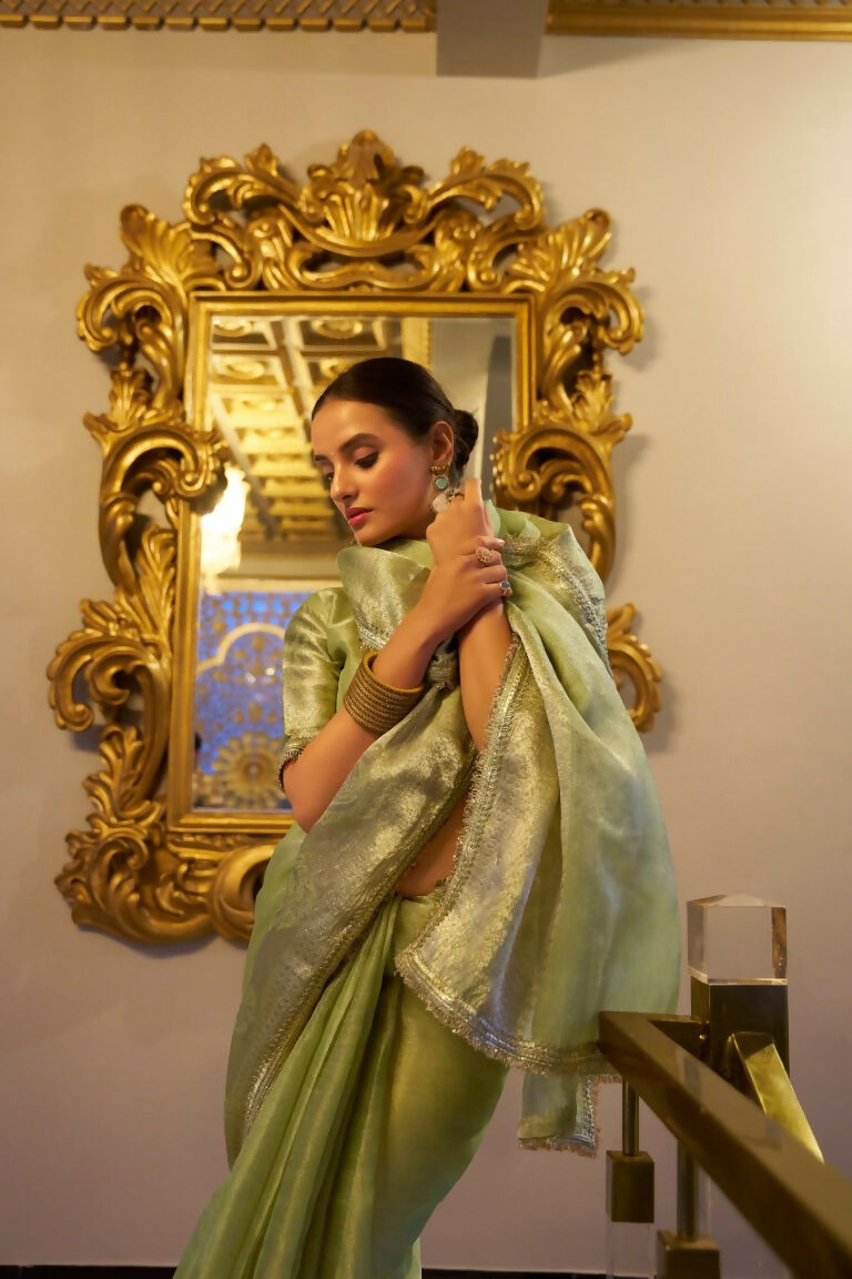 Vastranavya Pista Tissue Shimmer Zari Weaving Work Saree with Unstitched Blouse | Grocsy