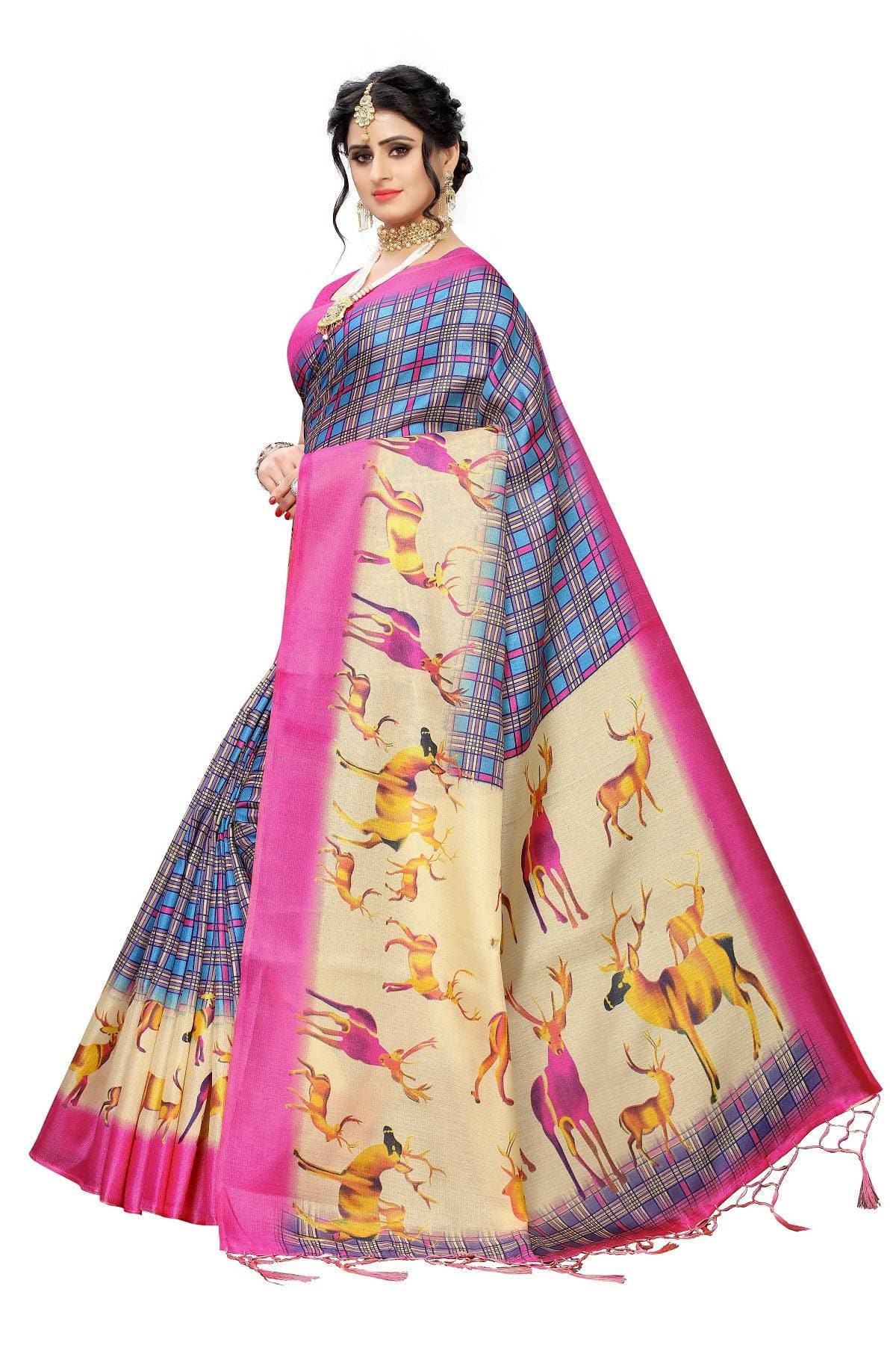 Vamika Multicolor & Pink Kalamkari With Jhalar Khadi Silk Saree | Grocsy