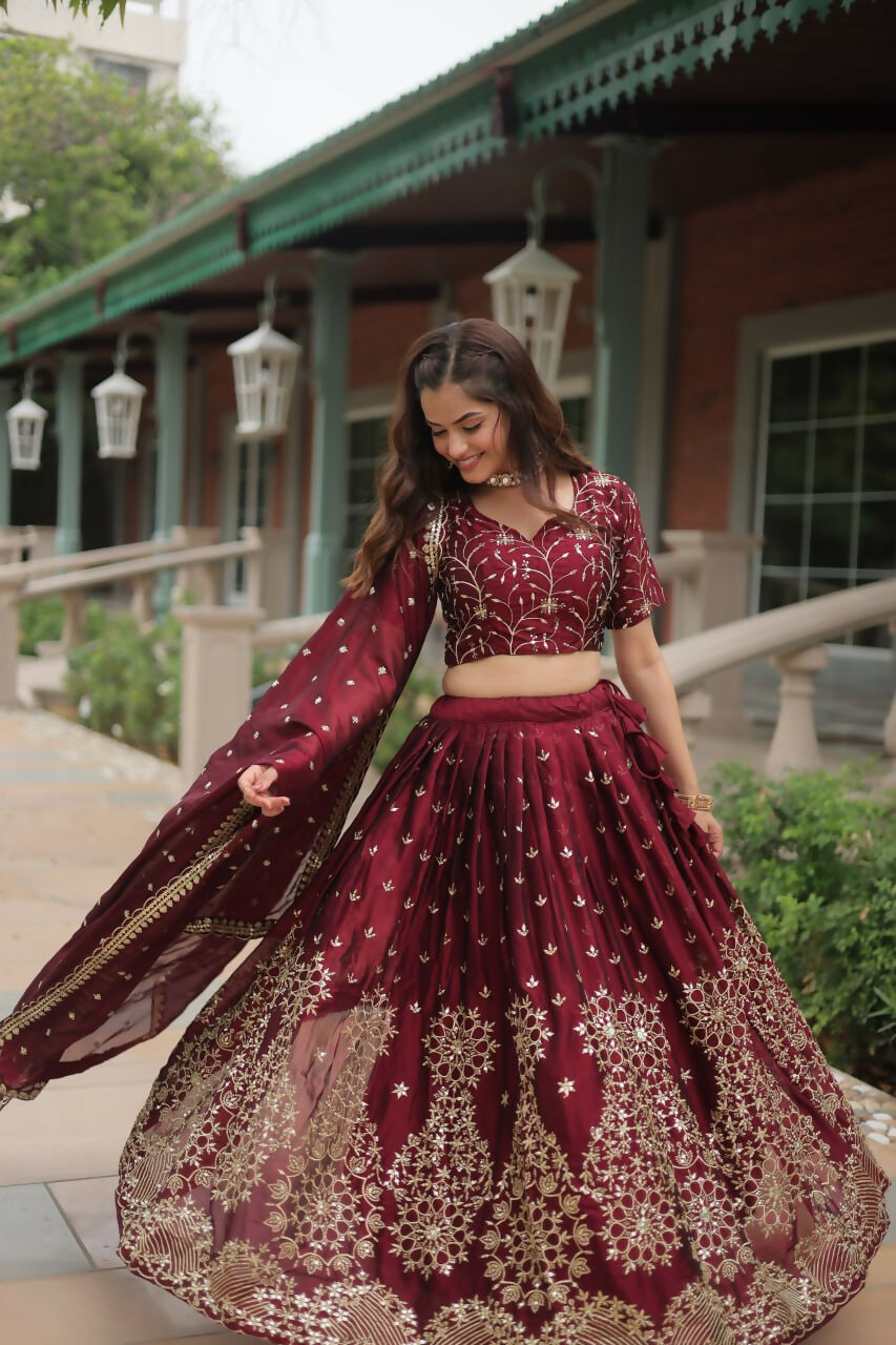 Vastranavya Designer Heavy Sequins & Thread Embroidered work Lehenga Choli - Maroon | Grocsy