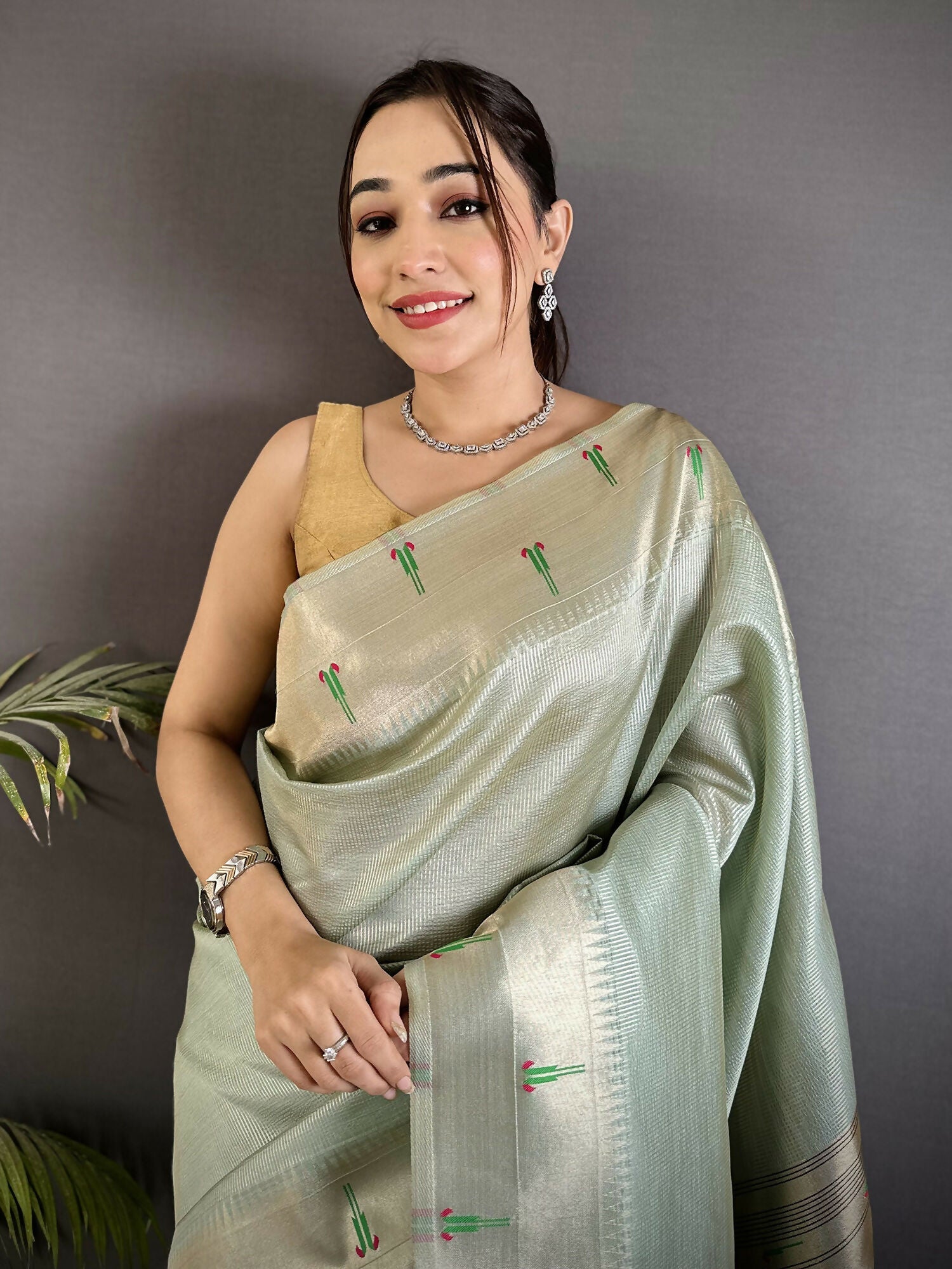 Joban Fashion Pale Blue Peacock & Floral Motifs Tissue Paithani Saree | Grocsy