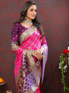 Vastranavya Pink Soft Patola Silk With Meenakari Weaving Motifs And Rich Zari Weaving Pallu Saree With Matching Blouse Fabric | Grocsy