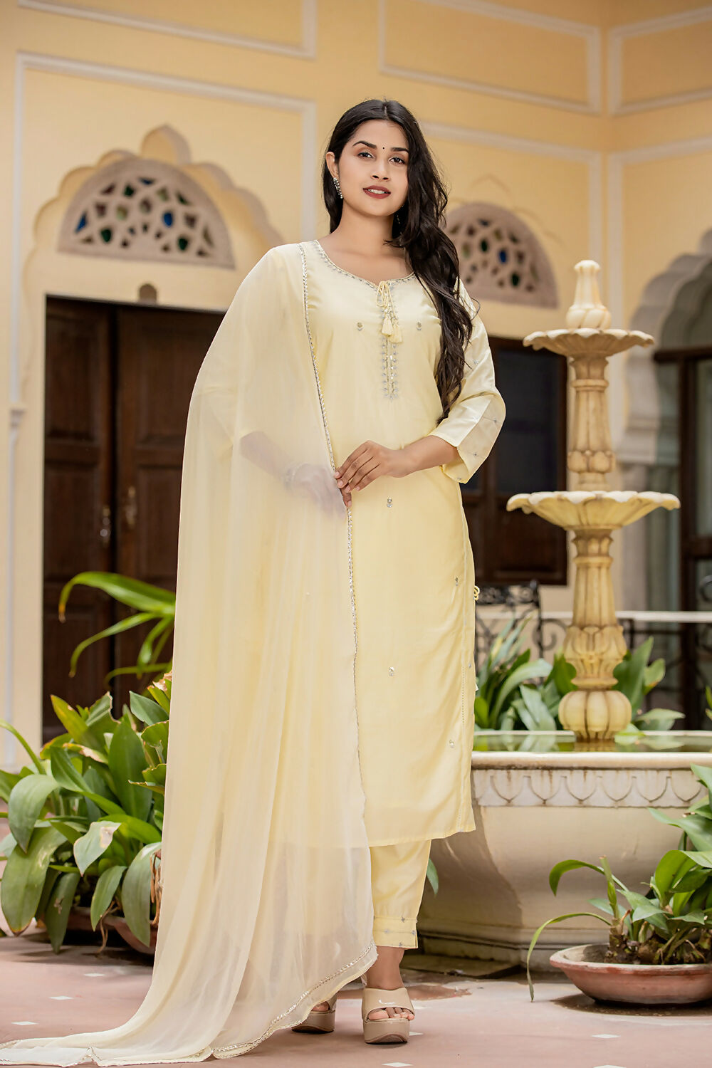 Kaajh Women's Light Yellow Modal Silk Kurta Pant Set With Dupatta | Grocsy