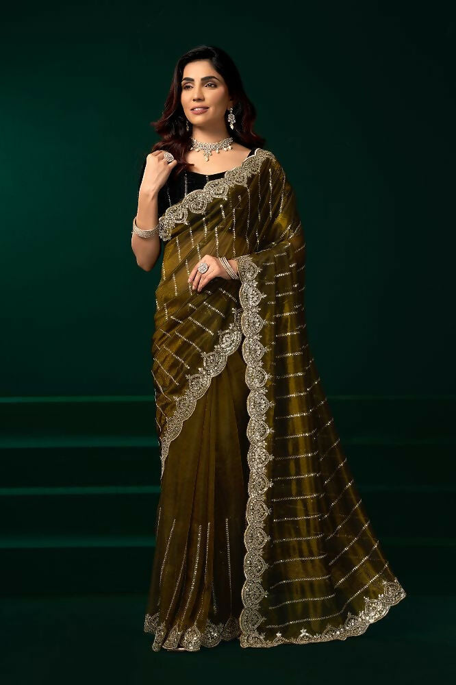 Joban Fashion Mehendi Green Net Party Wear Sarees | Grocsy