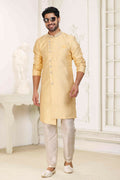Raivat Ethnic Banarasi Jacquard Embroidery Semi Indo Western Sherwani In Yellow Colour | Grocsy
