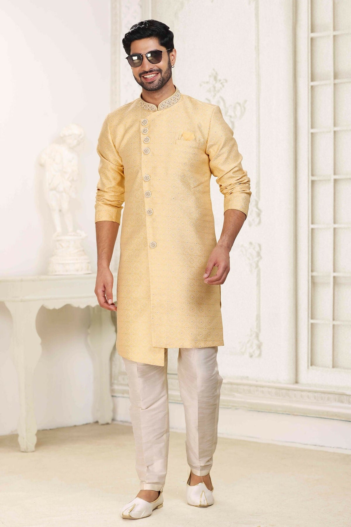 Raivat Ethnic Banarasi Jacquard Embroidery Semi Indo Western Sherwani In Yellow Colour | Grocsy