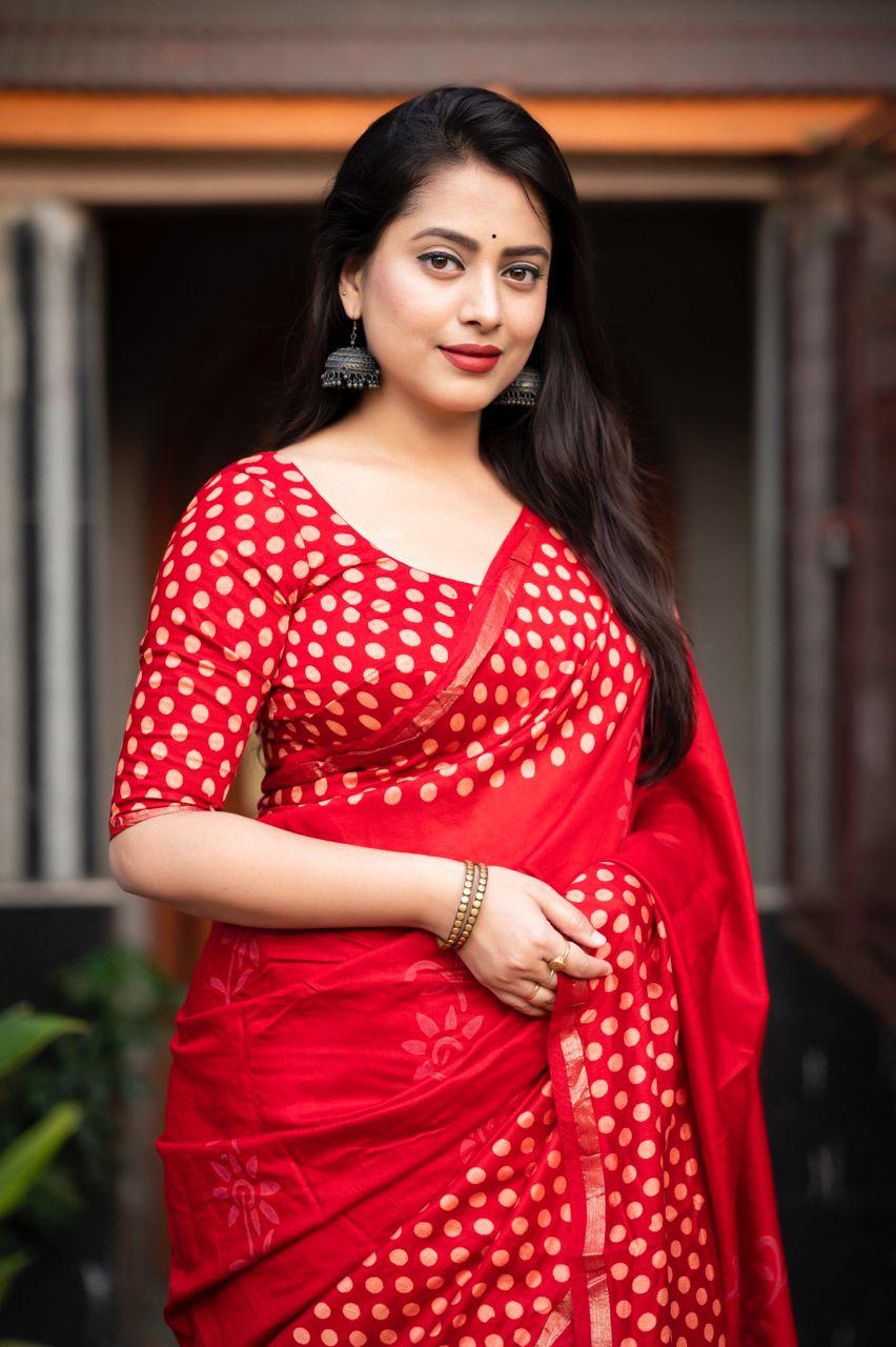 Red Pure Chanderi Hand Block Saree with Unstitched Blouse - Hiral Fashion | Grocsy