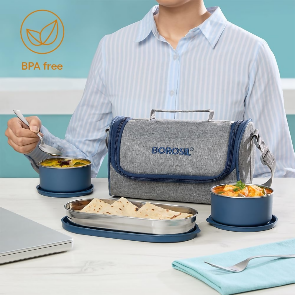 Borosil Carrymore Microwavable Stainless Steel Lunchbox with Bag | Grocsy