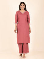 Aramya Pink Rayon Solid Print Straight Kurta Palazzo Set for Women | Grocsy