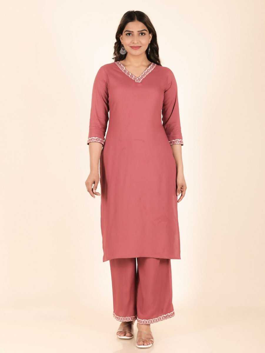 Aramya Pink Rayon Solid Print Straight Kurta Palazzo Set for Women | Grocsy