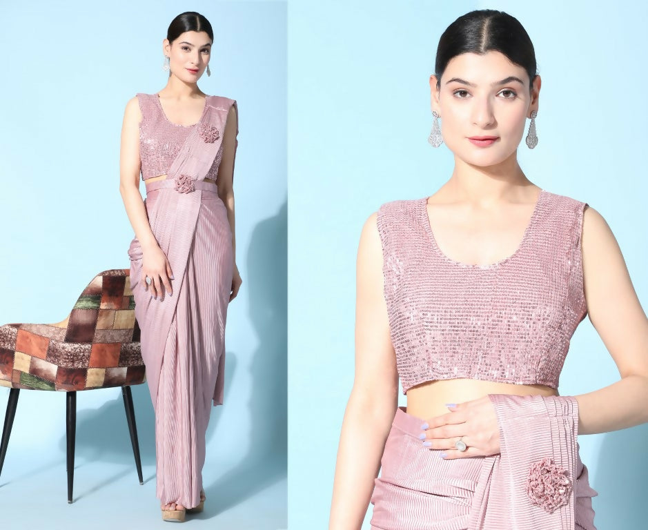 Pink Imported Crush Lycra Texture Pattern Ready to Wear Saree with stitched Blouse - Nirvana | Grocsy