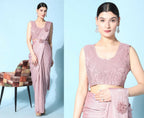 Pink Imported Crush Lycra Texture Pattern Ready to Wear Saree with stitched Blouse - Nirvana | Grocsy