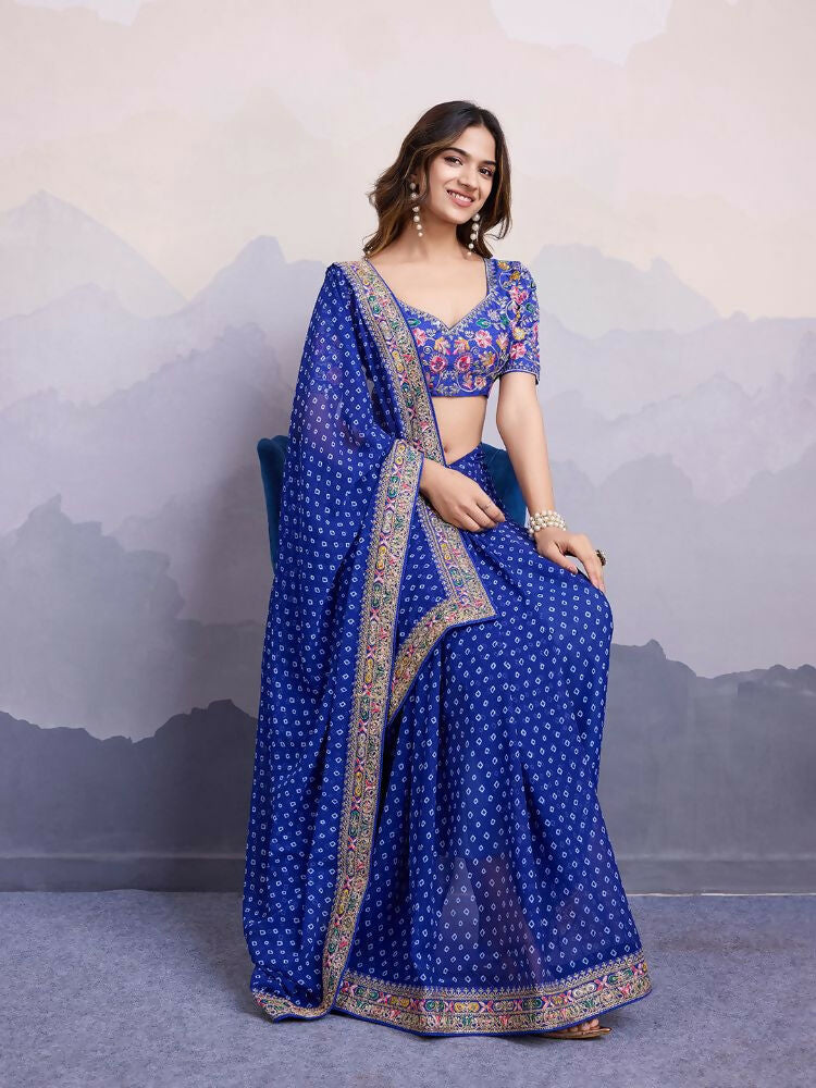 Blue Georgette Bandhani Printed,Embroidery Work Saree - Surkhi | Grocsy