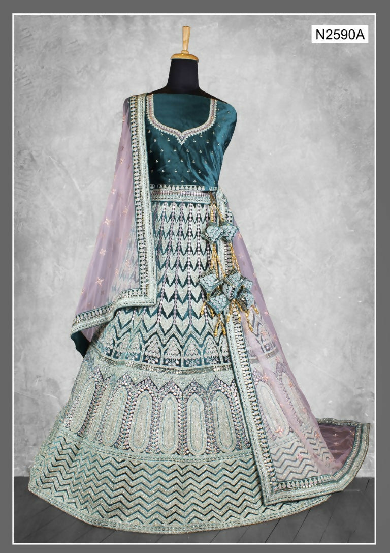 Teal Velvet Thread With Diamond Work Lehenga Choli - Nimaya Tyohar | Grocsy