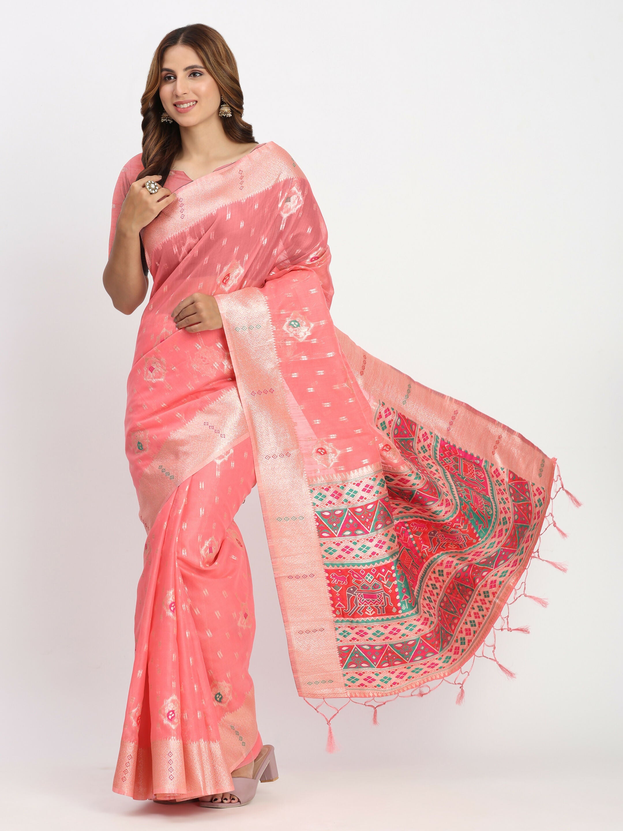 Shree Shyam Fashion Linen Cotton Peach Saree | Grocsy