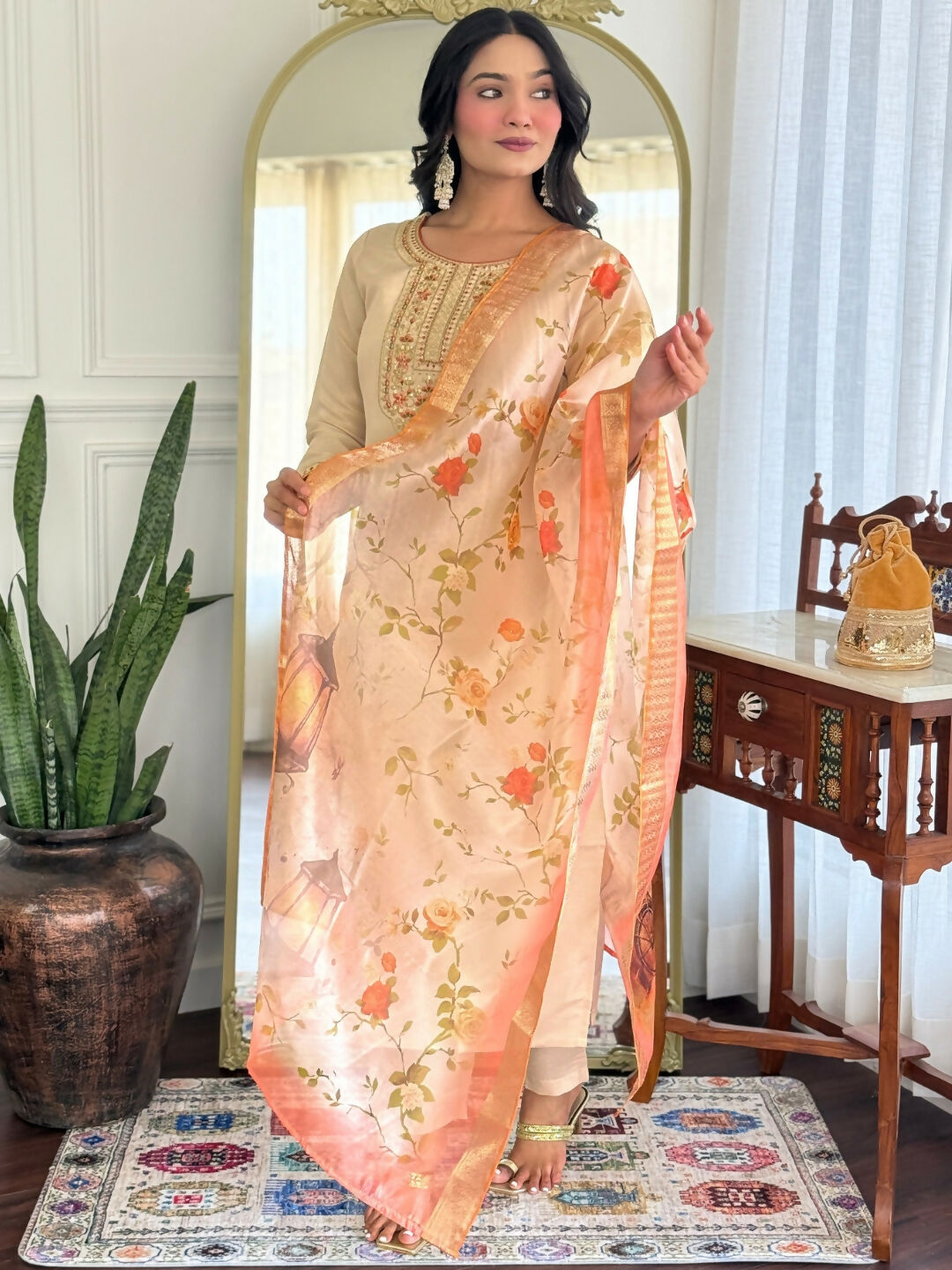 The52 Chiku Women's Beautiful Rayon Fabric Embroidered Work Straight Kurta Pant and Dupatta Set | Grocsy