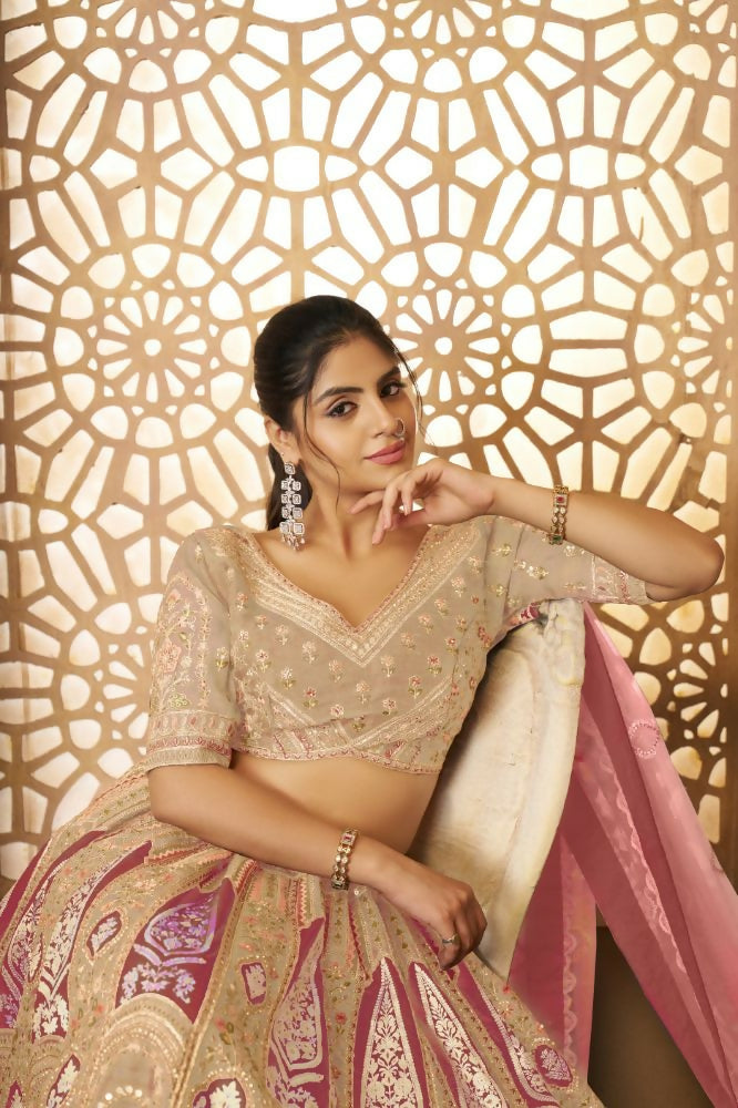 Kesar Fab Chiku Banarasi Silk Embroidered Lehenga | Grocsy