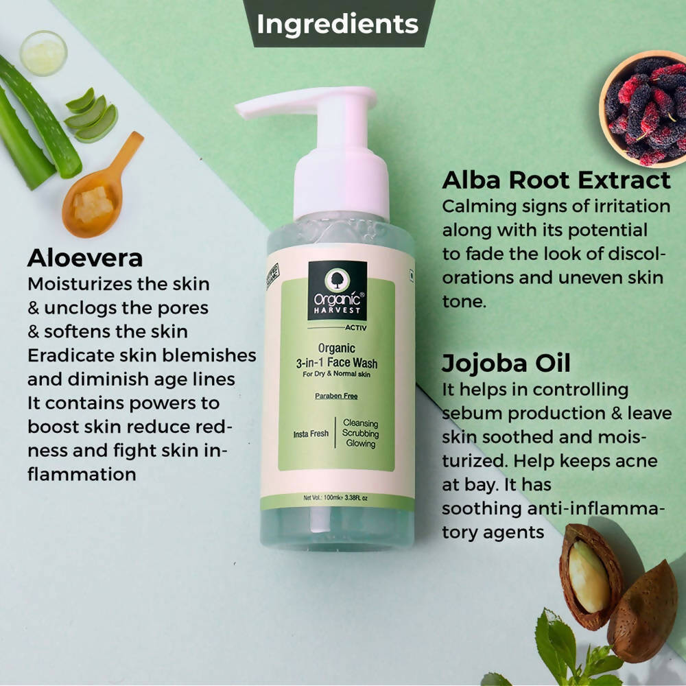 Organic Harvest 3-in-1 Face Wash for Dry and Normal Skin | Grocsy