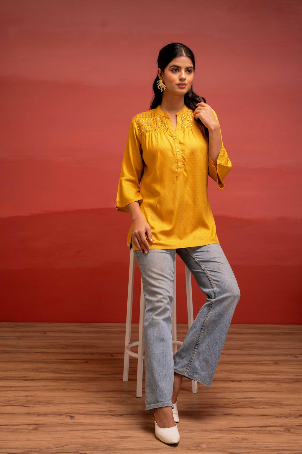 Juniper Mustard Polka Dot Viscose Tunic With Thread Work, Mirror & Button Detailing | Grocsy