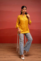 Juniper Mustard Polka Dot Viscose Tunic With Thread Work, Mirror & Button Detailing | Grocsy