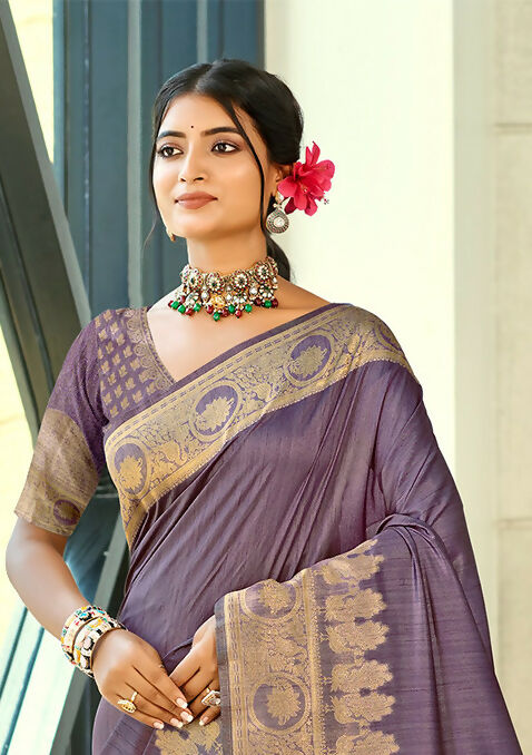 Sangam Prints Purple Blue Assam Silk Woven Work Traditional Saree | Grocsy