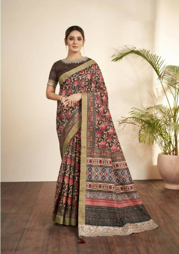 Brown Bhagalpuri Silk Floral Print with Hand work & Stone Work Border Saree - Norita Nirvi | Grocsy