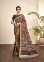 Brown Bhagalpuri Silk Floral Print with Hand work & Stone Work Border Saree - Norita Nirvi | Grocsy