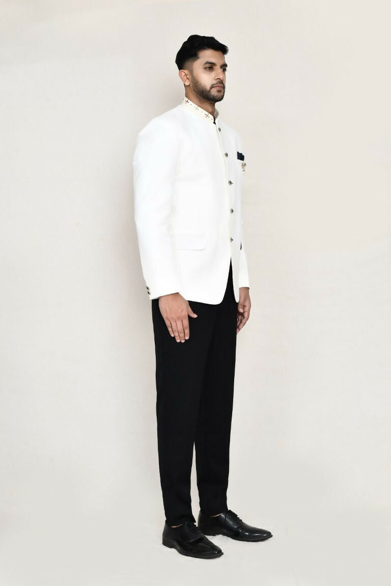 Joban Fashion White Colored Cotton Linen With Neck Embroidery Work Fabric Prince Coat, Pocket Square With Pant | Grocsy