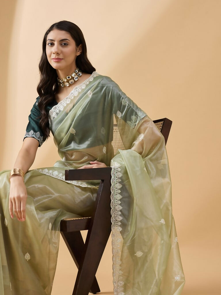 Green Organza Sequence Embroidered Saree with Unstitched Blouse - Satya | Grocsy