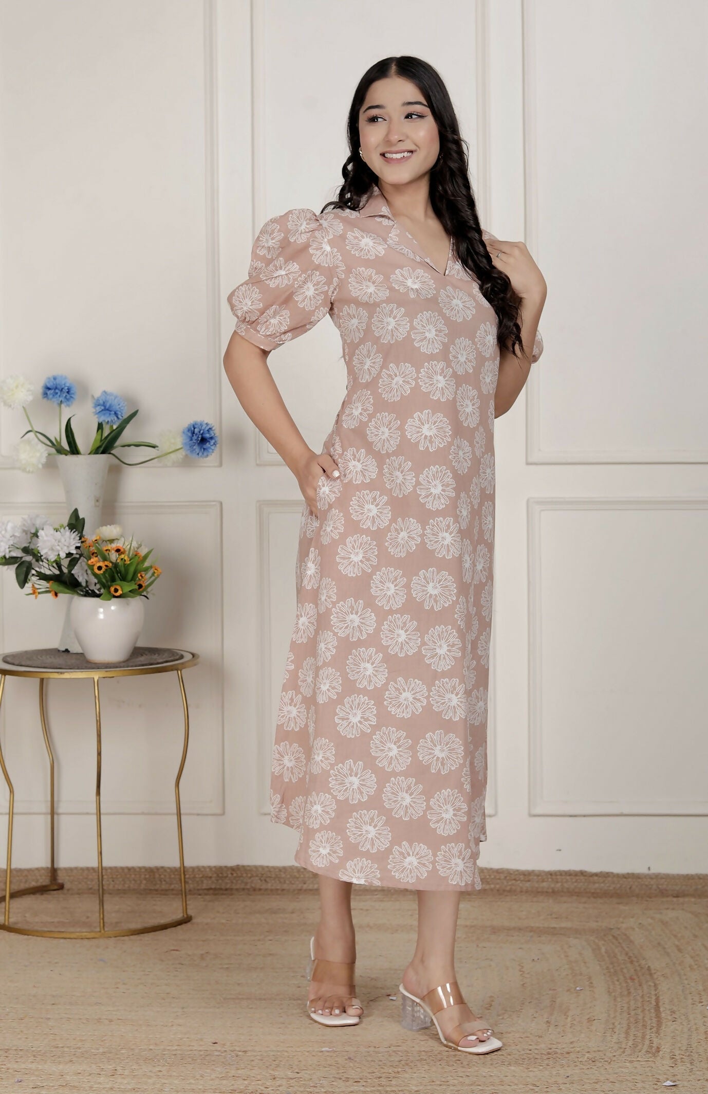 Miravan Womens Puff Sleeve Cheeku Pure Cotton Printed Maxi Dress | Grocsy