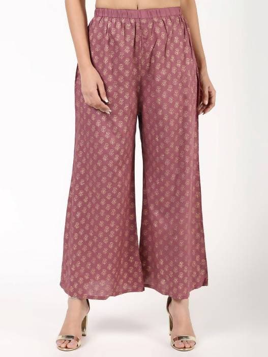 Aniyah Rayon Block Print Flared Pink Palazzo Dusty (AN-158K) | Grocsy