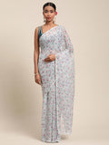 Ahalyaa Women's Grey Chiffon Digital Print Floral Saree | Grocsy