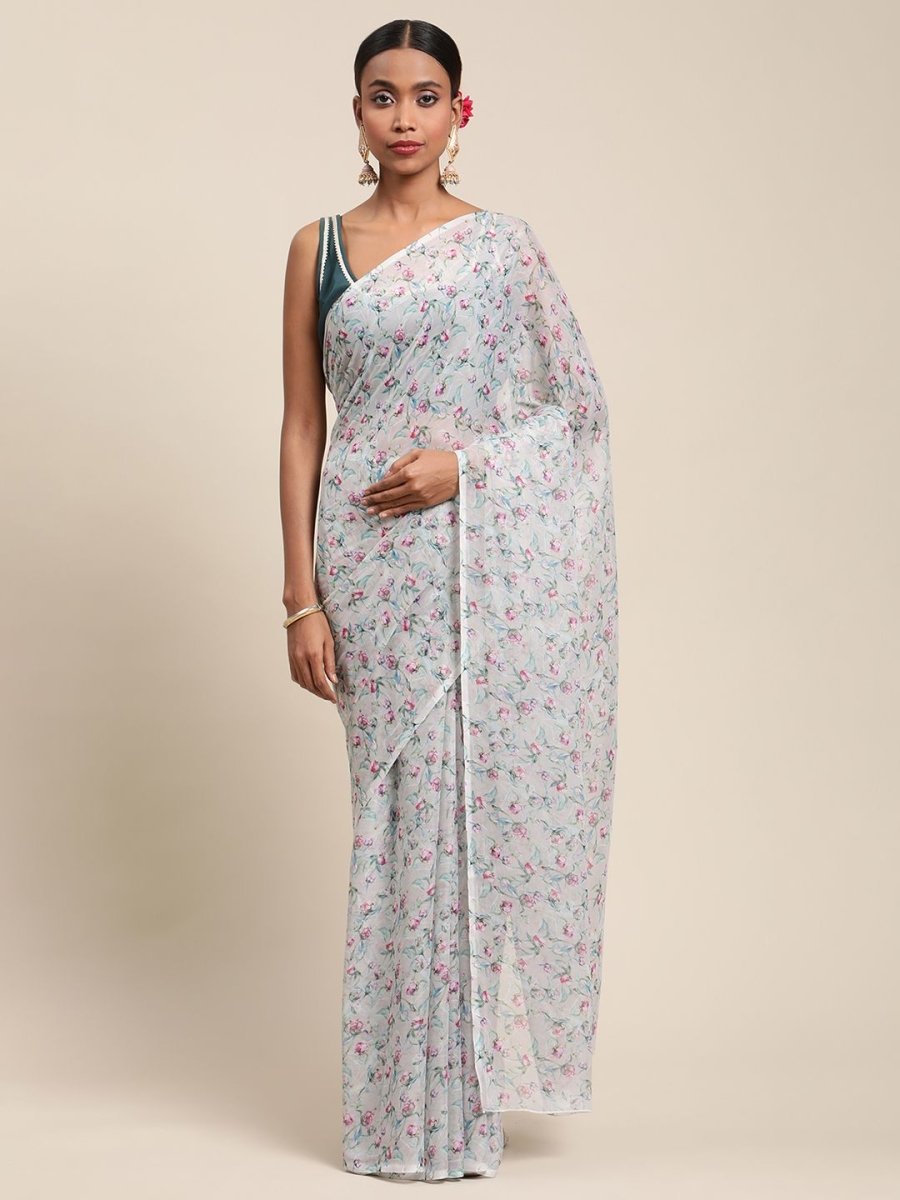 Ahalyaa Women's Grey Chiffon Digital Print Floral Saree | Grocsy