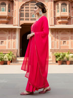 The52 Women's Gorgeous Embroidery Work Viscose Silk Fabric Straight Kurta Palazzo and Dupatta Set-Red | Grocsy